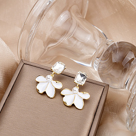 Vintage French Style Oil Drop Petal Earrings with Diamond and Pearl Floral Ear Studs