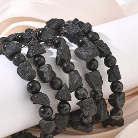 Natural Black Tourmaline Round and Nuggets Beaded Stretch Bracelets
