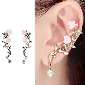 Rose Flower Branch Ear Clip Earrings - European and American Style, Alloy Ear Studs.