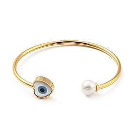 Bracelet manchette ouvert avec perles de coquillage et cœur avec mauvais œil, 304 bijoux en acier inoxydable pour femme