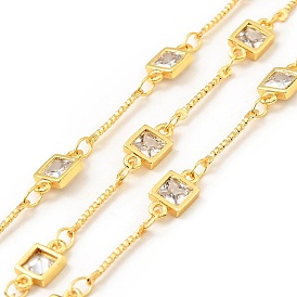 Brass Bar & Squarel Link Chains, with Clear Cubic Zirconia, Lead Free & Cadmium Free, Soldered, with Spool