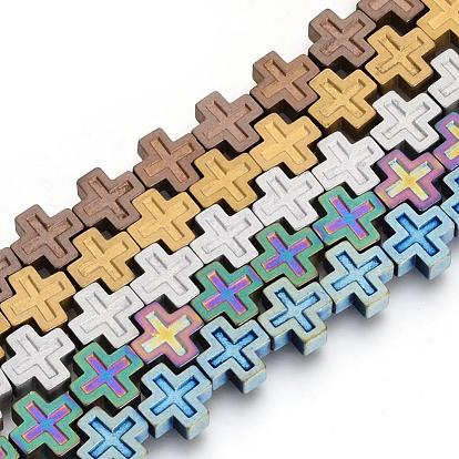 Electroplate Non-magnetic Synthetic Hematite Beads Strands, Matte Style, Greek Cross