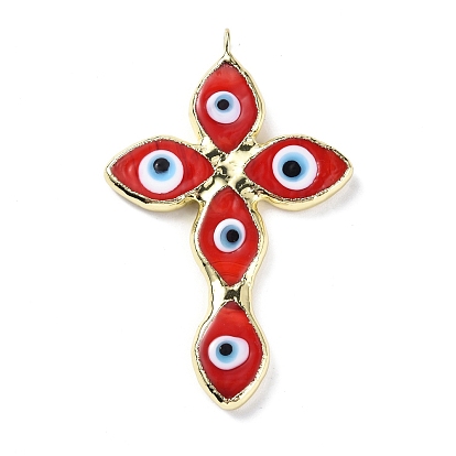 Handmade Lampwork Big Pendants, with Eco-friendly Ligh Gold Brass Findings, Long-Lasting Plated, Cadmium Free & Lead Free, Religion Cross with Evil Eye Charm