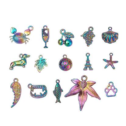 15Pcs 15 Style Alloy Plated Pendants, Maple Leaf & Cherry & Fish & Football & Starfish & Teeth & Crab & Dachshund & Paw Print & Wing & Grape & Iron Tower