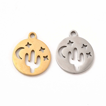 201 Stainless Steel Charms, Flat Round with Hollow Out Cactus