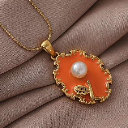 304 Овальное эмалированное ожерелье из нержавеющей стали с подвеской в виде цветка и искусственным жемчугом, золотые