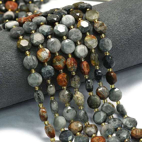 Натуральный орлиный глаз бусы, граненый шестиугольный разрез, плоско-круглые, с бисером