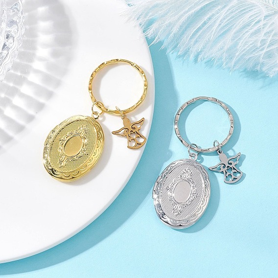 Латунные брелоки-медальоны, ангел с овальными подвесками, с железной застежкой для брелока и 304 подвесками из нержавеющей стали