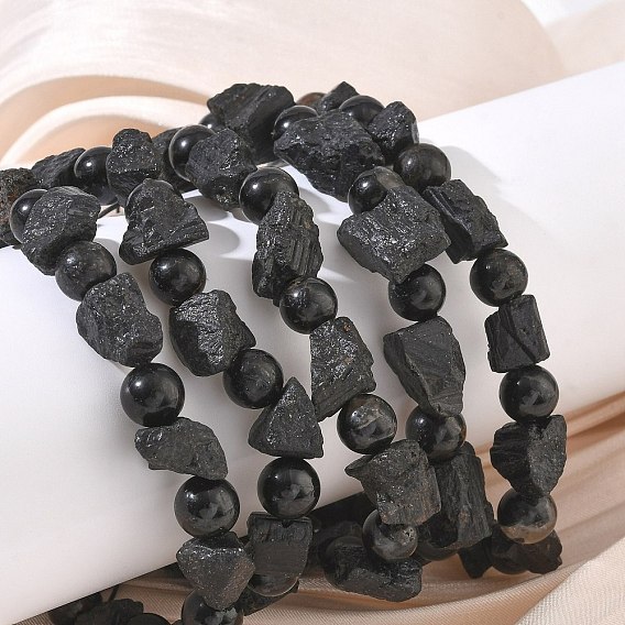 Natural Black Tourmaline Round and Nuggets Beaded Stretch Bracelets