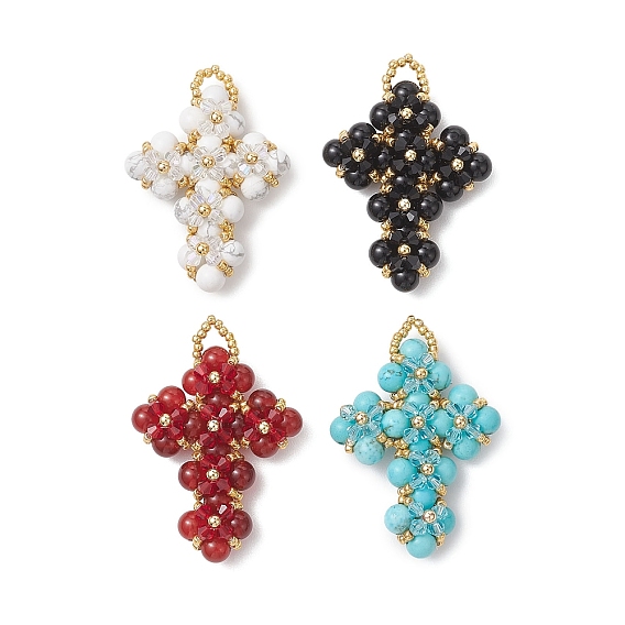 Подвески-крестики из натуральных и синтетических драгоценных камней, круглые бусины и стеклянные бусины, с латунью и стеклом
