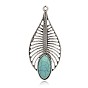 Antique Silver Plated Leaf Alloy Synthetic Turquoise Big Pendants, 61x27x6mm, Hole: 2mm