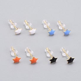 Pendientes de esmalte de latón, con las tuercas de plástico del oído, larga duración plateado, estrella, real 18 k chapado en oro