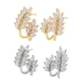 Rack Plating Leaf Brass Stud Earrings, with Clear Cubic Zirconia, Cadmium Free & Lead Free, Long-Lasting Plated