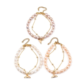 Multi-Strand Bracelets, with Natural Pearl Beads, 304 Stainless Steel Lobster Claw Clasps, Brass Whale Tail Shape Charms & Cable Chains, Golden