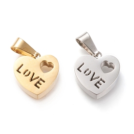 Valentine's Day Ion Plating(IP) 304 Stainless Steel Charms, Hollow, Manual Polishing, Heart with Word Love