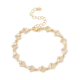 Clear Cubic Zirconia Rhombus Link Chains Bracelet, Brass Jewelry for Women, Cadmium Free & Lead Free