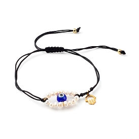 Adjustable Nylon Thread Braided Bead Bracelets, with 304 Stainless Steel Hamsa Hand Charms and Evil Eye Natural Freshwater Shell Beads, Evil Eye Lampwork Round Beads