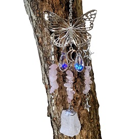 Metal Hollow Butterfly Hanging Ornaments, Gemstone Chip and Glass Teardrop Tassel Suncatchers for Home Outdoor Decoration