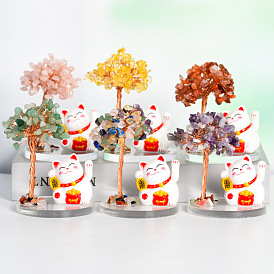 Natural crystal tree gravel decoration fortune tree home creative office decoration crafts white lucky cat style