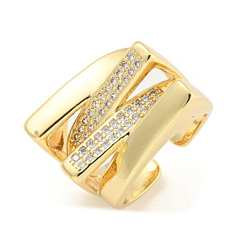 Rectangle Clear Cubic Zirconia Open Cuff Ring, Brass Wide Finger Rings for Women