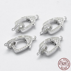 925 Sterling Silver Cubic Zirconia Lobster Claw Clasps, with 925 Stamp, Rectangle