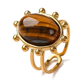 Oval Natural Tiger Eye Finger Rings, Golden Tone 304 Stainless Steel Cuff Rings for Women Men