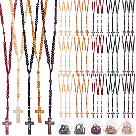 50шт. 5 цвета крест Иисуса, подвеска из сосновой древесины, полиэстеровый шнур, четки, бусы для мужчин и женщин, с 50шт. мешочков из органзы
