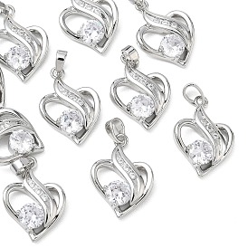 SHEGRACE Valentine's Day Brass Clear Cubic Zirconia Pendants, Heart Charms, Cadmium Free & Lead Free & Nickel Free