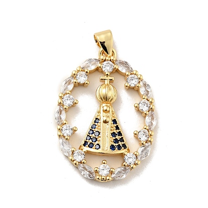 Rack Plating Brass Micro Pave Cubic Zirconia Pendants, Long-Lasting Plated, Lead Free & Cadmium Free, Oval with Godfather, Religion
