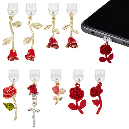 9шт пластиковые мобильные пылезащитные заглушки, с подвесками из эмали и сплава , золотые, цветок