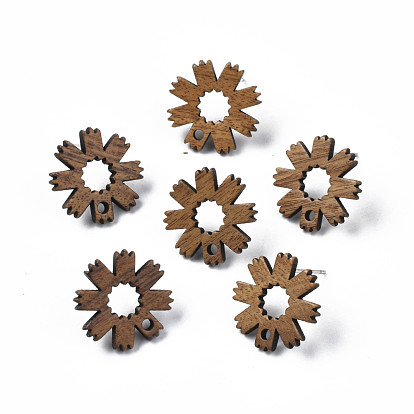 Walnut Wood Stud Earring Findings, with 316 Stainless Steel Pin and Hole, Flower