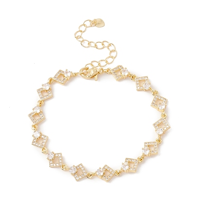 Clear Cubic Zirconia Rhombus Link Chains Bracelet, Brass Jewelry for Women, Cadmium Free & Lead Free