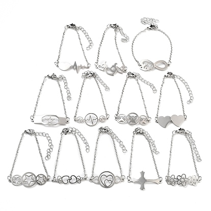 Браслеты-цепочки из нержавеющей стали с сердцем/кольцом/звездой/цветком/бесконечностью для женщин и мужчин, цвет нержавеющей стали