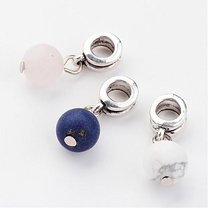 Large Hole Alloy European Dangle Charms, with Natural Gemstone Pendants, Round, Antique Silver