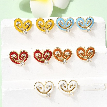 Серьга-гвоздик в форме сердца из латуни с микропаве из кубического циркония, с эмалью, долговечный, стойки покрытие, без свинца и без кадмия, реальный 18 k позолоченный