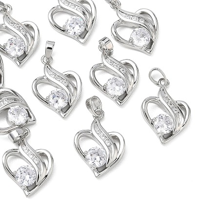 SHEGRACE Valentine's Day Brass Clear Cubic Zirconia Pendants, Heart Charms, Cadmium Free & Lead Free & Nickel Free
