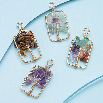 Подвески из натуральной драгоценной крошки в медной проволоке, прямоугольник с подвесками в виде дерева