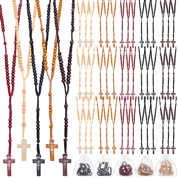 50шт. 5 цвета крест Иисуса, подвеска из сосновой древесины, полиэстеровый шнур, четки, бусы для мужчин и женщин, с 50шт. мешочков из органзы