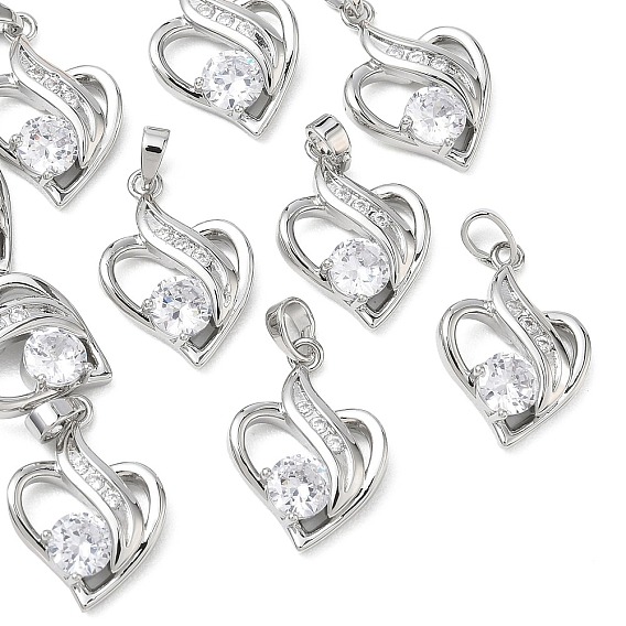 SHEGRACE Valentine's Day Brass Clear Cubic Zirconia Pendants, Heart Charms, Cadmium Free & Lead Free & Nickel Free