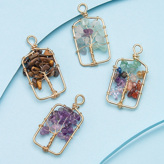 Подвески из натуральной драгоценной крошки в медной проволоке, прямоугольник с подвесками в виде дерева