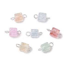 Crackle Glass Beaded Connector Charms, with Iron Findings, Cube Links, Silver Color Plated