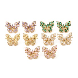 Rack Plating Brass with Cubic Zirconia Stud Earrings for Women, Cadmium Free & Lead Free, Long-Lasting Plated, Real 18K Gold Plated, Butterfly