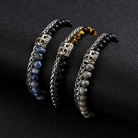 Natuarl Gemstone and Frosted Obsidian Round Beaded 2-Strand Bracelets with 201 Stainless Steel Wheat Chains for Men Women, Stainless Steel Color