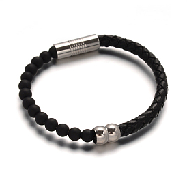 Leather Cord Bracelets, with Black Agate Beads & 304 Stainless Steel Magnetic Clasps, 51x63mm