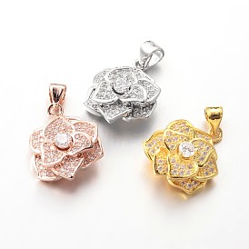 Flower Brass Micro Pave Cubic Zirconia Charms, Lead Free & Nickel Free, 18x15x7mm, Hole: 3x4mm
