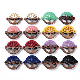 Opaque Resin & Walnut Wood Links Connectors, Two Tone, Flat Round with Tree