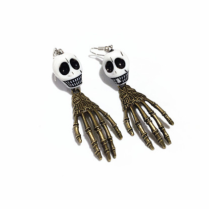 Resin Skull with Hand Dangle Earrings, Halloween Alloy Jewelry for Women