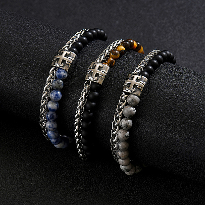 Natuarl Gemstone and Frosted Obsidian Round Beaded 2-Strand Bracelets with 201 Stainless Steel Wheat Chains for Men Women, Stainless Steel Color