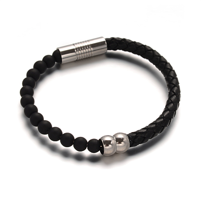 Leather Cord Bracelets, with Dyed & Heated Black Agate Beads & 304 Stainless Steel Magnetic Clasps, 51x63mm
