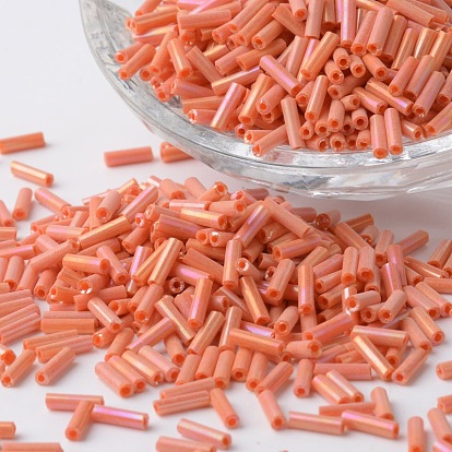 Opaque Colours Rainbow Plated Glass Bugle Beads, Round Hole